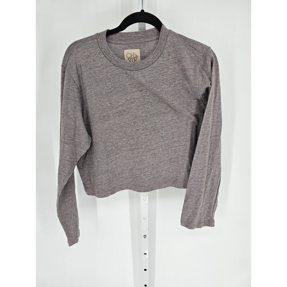 Chasor Womens Sz M Long Sleeve Cropped T Shirt Gray Taupe Crew Neck